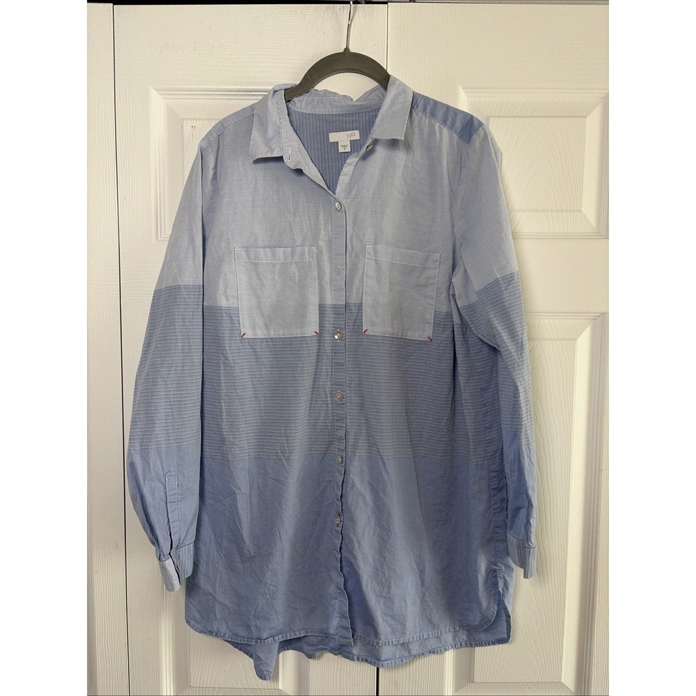 J. Jill Mixed Stripe Tunic Shirt Womens Size M Blue Long Sleeve Cotton Button Up